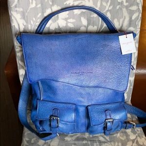 NWT CARLO CECCHINI Blue Leather Flap Backpack
